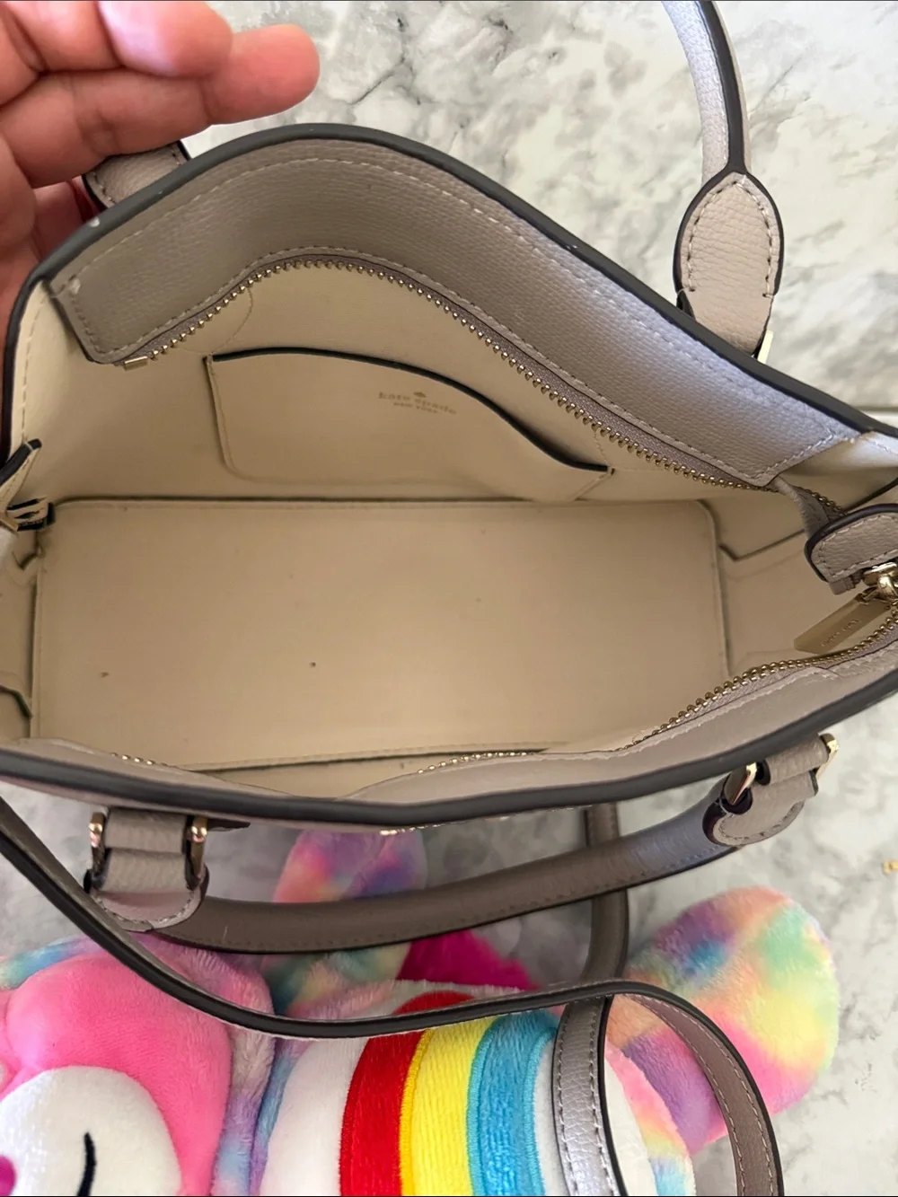 kate spade Taupe Leather Dome Satchel with Gold Hardware and care bear 🐻